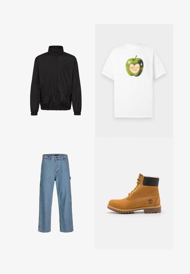 Veste légère noire avec un col montant, des poignets élastiques et des poches latérales. Tissu lisse et design minimaliste avec une coupe décontractée.; T-shirt blanc à manches courtes avec un graphique de pomme verte ; la pomme présente une zone pelée en forme de cœur affichant le texte "Carhartt WIP".; Jean en denim bleu clair avec une coupe décontractée, des jambes droites et un bouton à la taille classique. Comprend des poches latérales et des détails de couture subtils.; Bottine en cuir brun avec œillets en métal, doublure en fourrure blanche, col rembourré noir, semelle robuste et logo en relief sur le côté.