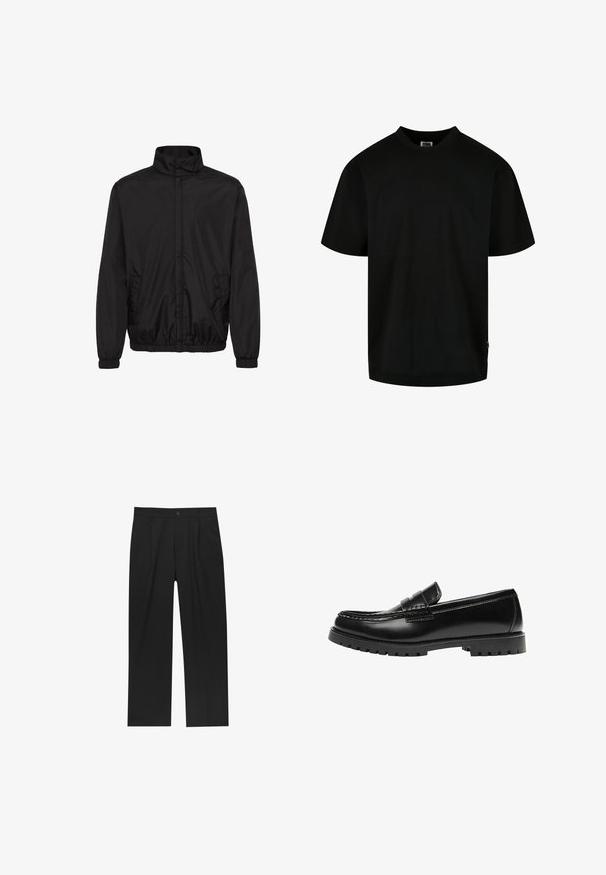 Veste légère noire avec un col montant, des poignets élastiques et des poches latérales. Tissu lisse et design minimaliste avec une coupe décontractée.; T-shirt noir en coton, avec un col rond et des manches courtes, à coupe ample. Design simple, sans motifs ni graphiques.; Pantalons noirs au design droit, fabriqués à partir d'un tissu lisse. Dotés de plis sur le devant et d'une fermeture à un bouton à la taille.; Mocassin en cuir noir avec une semelle en caoutchouc épaisse et un détail classique de bride à monnaie, vu de côté extérieur.