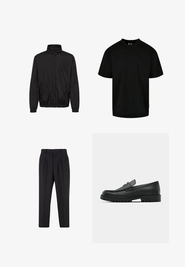 Veste légère noire avec un col montant, des poignets élastiques et des poches latérales. Tissu lisse et design minimaliste avec une coupe décontractée.; T-shirt noir en coton, avec un col rond et des manches courtes, à coupe ample. Design simple, sans motifs ni graphiques.; Pantalon noir sur mesure avec plis à l'avant, passants pour ceinture et fermeture par bouton à la taille.; Mocassins en cuir noir à bout arrondi, avec un design cousu, une semelle plateforme basse et une semelle en caoutchouc texturée et crantée.