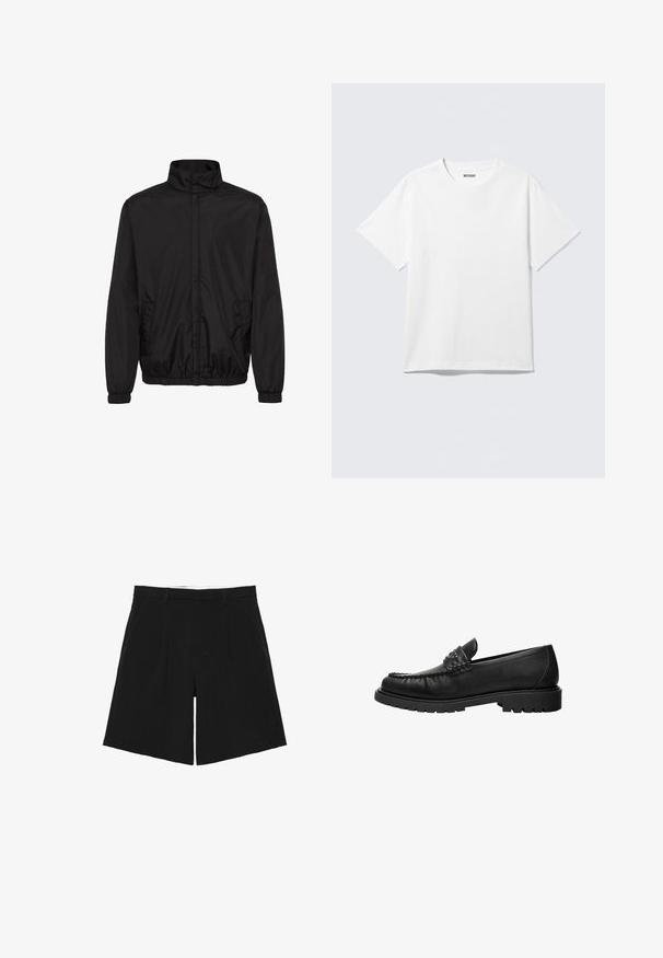 Veste légère noire avec un col montant, des poignets élastiques et des poches latérales. Tissu lisse et design minimaliste avec une coupe décontractée.; T-shirt blanc à manches courtes et col rond, étalé à plat, design uni, avec l'étiquette "WEEKDAY" à l'intérieur du col sur un fond clair.; Short noir sur mesure avec passants de ceinture, plis devant et poches latérales, posé à plat sur un fond blanc.; Mocassin en cuir noir avec dessus cousu, détail de bride cloutée et semelle épaisse à crampons, présenté en profil latéral sur fond blanc.