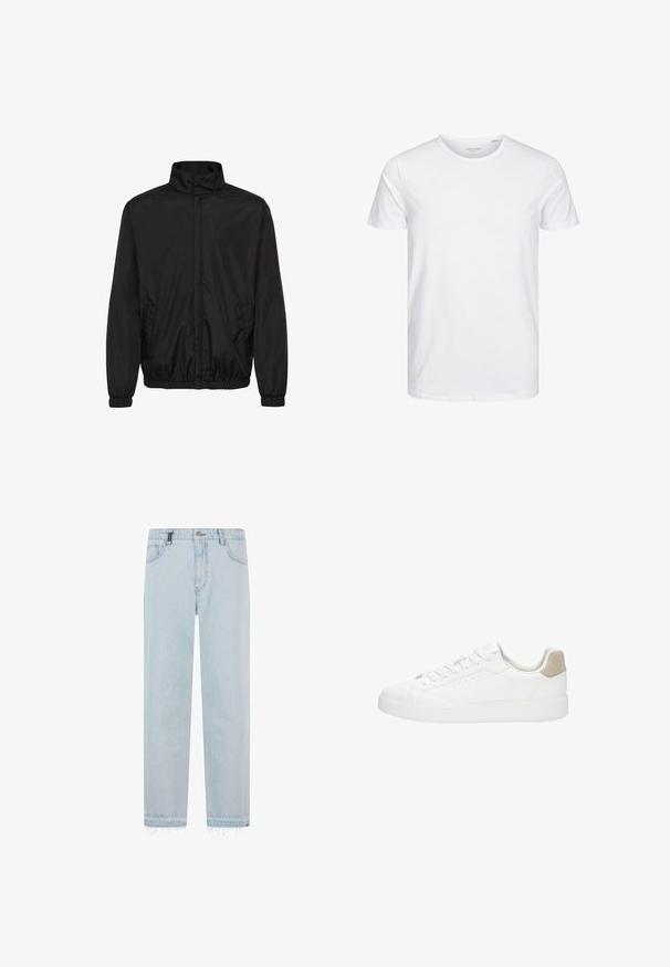 Veste légère noire avec un col montant, des poignets élastiques et des poches latérales. Tissu lisse et design minimaliste avec une coupe décontractée.; T-shirt à col rond à manches courtes de couleur blanche unie, fabriqué en coton doux, avec un design simple sans motifs ni accents visibles.; Jeans en denim bleu clair avec une coupe droite, un ourlet effiloché, un design à cinq poches et un motif de délavage subtil. Dispose d'une fermeture à bouton.; Baskets basses blanches avec lacets à l'avant, dessus en cuir lisse, languette de talon beige clair et semelle en caoutchouc plate.