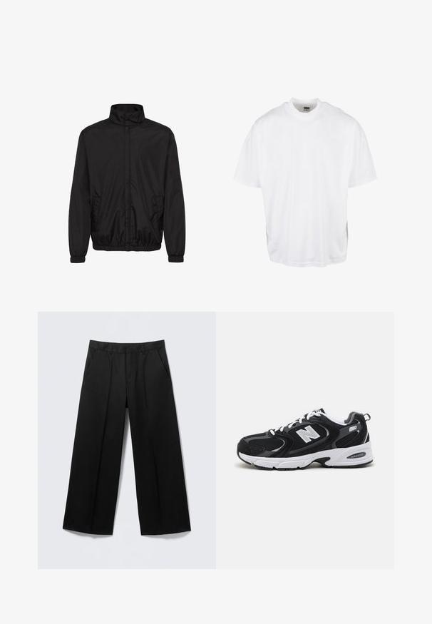 Veste légère noire avec un col montant, des poignets élastiques et des poches latérales. Tissu lisse et design minimaliste avec une coupe décontractée.; T-shirt en coton blanc avec une coupe décontractée, des manches courtes et un col rond, présentant un ourlet droit et sans graphiques ni motifs visibles.; Pantalon large noir avec passants pour ceinture, poches avant et fermeture éclair, présenté sur un fond gris clair.; Baskets de sport noires et grises avec un tige en mesh et en suède, présentant une semelle intermédiaire blanche, des lacets et un logo "N" audacieux sur le côté.