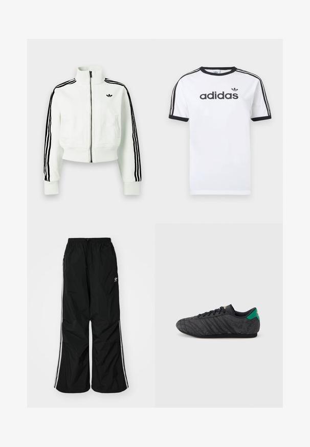Hvid cropped jakke med høj krave, frontlynlås, sorte stribede detaljer på ærmerne og en lille sort logo på brystet.; Hvid bomulds-T-shirt med sorte detaljer, har rundt halsudskæring, korte ærmer, tre sorte striber på skuldrene og adidas-logo i sort.; Sorte vindjakke-bukser med elastisk talje, snøre, hvide side-striber, løs pasform og en lille logo på venstre side.; Sort lavprofil sneaker med subtilt blomsterprint, sorte snørebånd, grøn hælflap og guldlogo på tunge og hæl.
