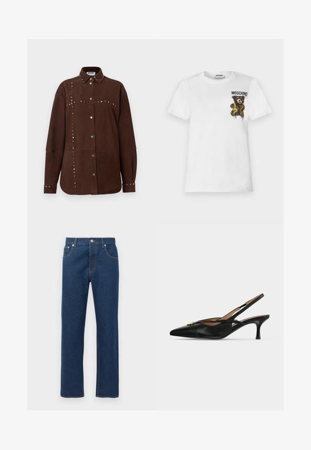 Chemise à manches longues en daim marron avec col pointu, clous dorés et argentés le long des coutures, boutons à l'avant et aux poignets, étiquette Moschino à l'intérieur du col.; T-shirt blanc à manches courtes avec un petit ours en peluche marron enveloppé dans un ruban à mesurer jaune et le texte "MOSCHINO" sur la partie supérieure gauche de la poitrine.; Jean en denim bleu foncé à jambes droites avec poches avant et arrière, passants de ceinture, fermeture à bouton et couture orange visible.; Chaussure slingback en cuir noir à bout pointu, petit talon kitten et détail boucle dorée à l'avant.