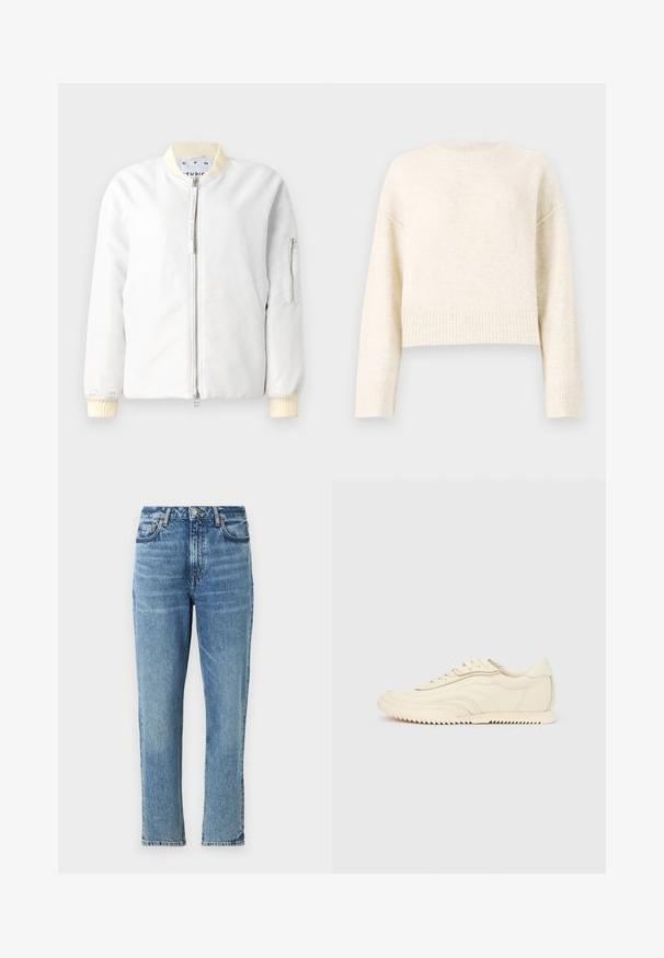 Letvægt bomberjakke i hvidt stof, med lynlås foran, ribbet krave og manchetter i cremefarve, og en lynlåslomme på ærmet.; Cremefarvet cropped sweater i et blødt, tekstureret stof. Har en rund halsudskæring og ribbede mansjetter med sænkede skuldre for en afslappet pasform.; Lyseblå denimjeans med høj talje, lige ben og slidt tekstur. Udstyret med sølvhardware og kontrasterende syninger.; Lavprofileret sneaker i cremefarve med bølget syning, snørebånd og en rilleret sål, vist fra siden på en ensfarvet baggrund.