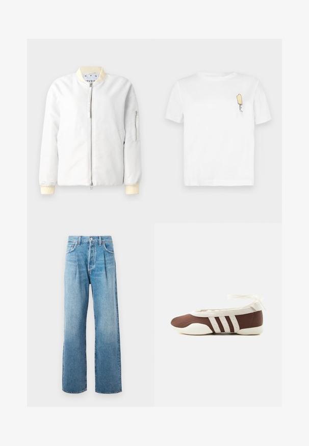 Veste bomber légère en tissu blanc, avec une fermeture éclair à l'avant, un col et des poignets côtelés en crème, et une poche zippée sur la manche.; T-shirt blanc en coton à manches courtes, présentant un graphique minimaliste de popsicle jaune brodé sur la partie gauche de la poitrine.; Jean taille haute bleu clair, coupe droite, avec plis sur le devant, cinq poches, fermeture à bouton et couture visible sur fond blanc.; Chaussure plate de ballet marron et blanche avec trois bandes blanches et un nœud à nouer à la cheville sur un fond clair uni.