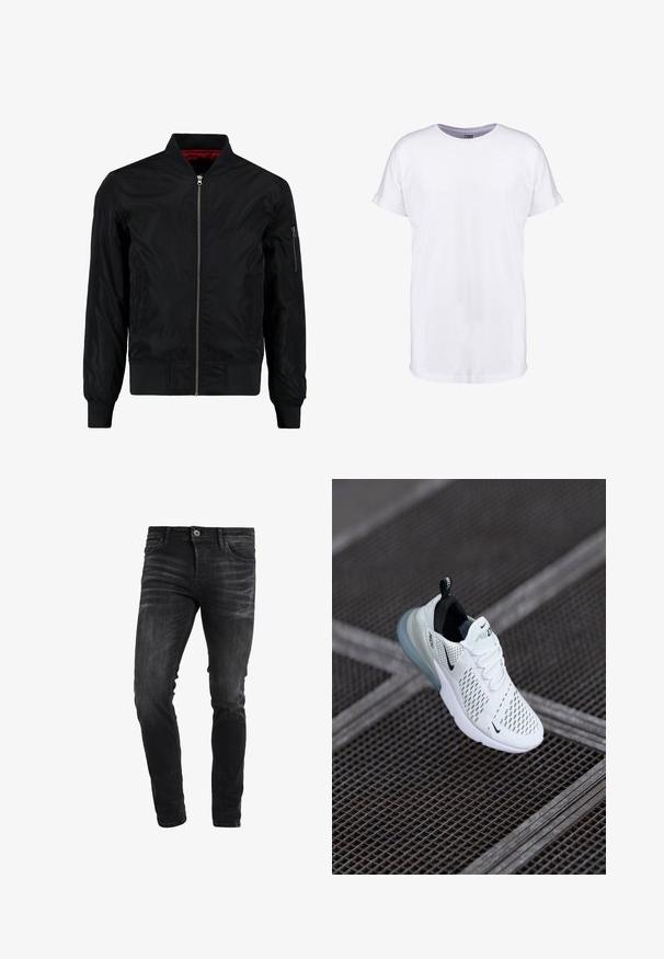 Zwarte bomberjack met een ritssluiting aan de voorkant, ribbelmanchetten en -onderrand, en een gladde buitenkant. Heeft een rode voering en een ritszak op de mouw.; Witte katoenen t-shirt met korte mouwen, ronde halslijn en een comfortabele pasvorm. Glad textuur en geen zichtbare patronen of ontwerpen.; Zwart denim slim-fit jeans met een verouderde wassing, een ontwerp met vijf zakken en metalen knopen en klinknagels. Soepele textuur.; Witte sportieve sneaker met geperforeerde mesh bovenkant, zwarte accenten, zichtbare veters en een doorzichtige luchtkussenzool.