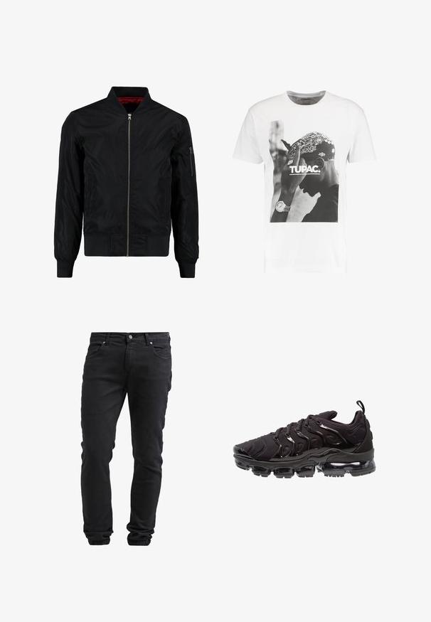 Chaqueta bomber negra con cierre frontal, puños y dobladillo acanalados, y un exterior liso. Presenta un forro rojo y un bolsillo con cremallera en la manga.; Camiseta blanca con un gráfico impreso en blanco y negro de una persona con una bandana y reloj, con el texto "TUPAC:" debajo de la imagen.; Jeans negros slim fit con cierre de botón y cremallera, cinco bolsillos y puños elásticos en los tobillos.; Zapatillas deportivas negras con una parte superior de tela texturizada, acentos brillantes y una suela prominente con amortiguación de aire. Presenta elementos de diseño en forma de onda distintivos.