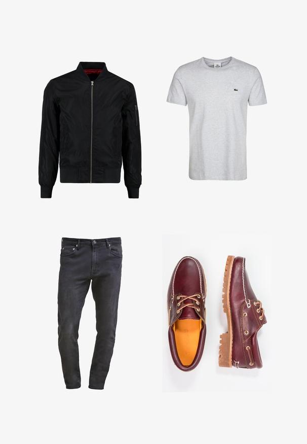 Chaqueta bomber negra con cierre frontal, puños y dobladillo acanalados, y un exterior liso. Presenta un forro rojo y un bolsillo con cremallera en la manga.; Camiseta de algodón gris con mangas cortas, cuello redondo y un pequeño logo verde en el lado izquierdo del pecho. Textura suave, ajuste casual.; Jeans de mezclilla negros de corte slim, con diseño de cinco bolsillos, cierre de cremallera y un sutil acabado de desgaste. Textura suave con un acabado de lavado oscuro.; Zapatos de cuero burdeos con suelas de goma marrón, puntera redonda, costuras blancas y ojales dorados. El interior cuenta con un forro amarillo.