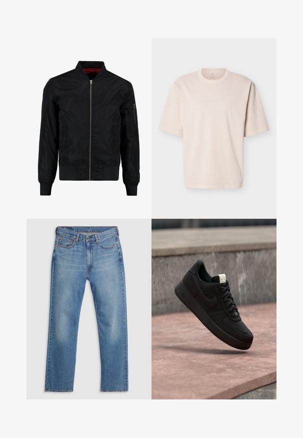 Chaqueta bomber negra con cierre frontal, puños y dobladillo acanalados, y un exterior liso. Presenta un forro rojo y un bolsillo con cremallera en la manga.; Camiseta beige de manga corta extragrande con cuello redondo y costuras sencillas, presentada plana sobre un fondo blanco.; Vaqueros de mezclilla azul de pierna recta con cierre frontal de botón y cremallera, trabillas para cinturón y diseño de cinco bolsillos sobre un fondo blanco.; Zapatilla negra Nike Air Force 1 flotando sobre un borde de hormigón rosa con fondo de piedra gris, mostrando detalles laterales y superiores.