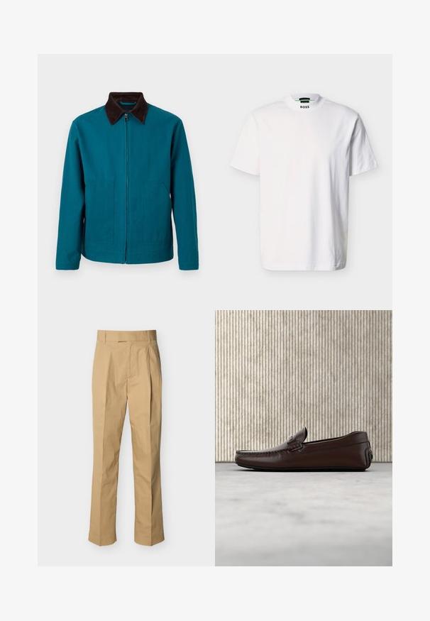 Veste zippée couleur sarcelle avec col marron foncé, manches longues et deux poches avant, présentée sur un fond clair uni.; T-shirt blanc à manches courtes en coton, avec un col rond et un logo de la marque imprimé au niveau du col. Texture lisse, design basique.; Pantalon beige en coton lisse à taille haute, avec des plis à l'avant et des jambes droites. Aucun équipement visible ni motifs.; Mocassins en cuir marron avec une finition lisse, des coutures de style mocassin, un bout rehaussé et une semelle en caoutchouc basse et flexible.