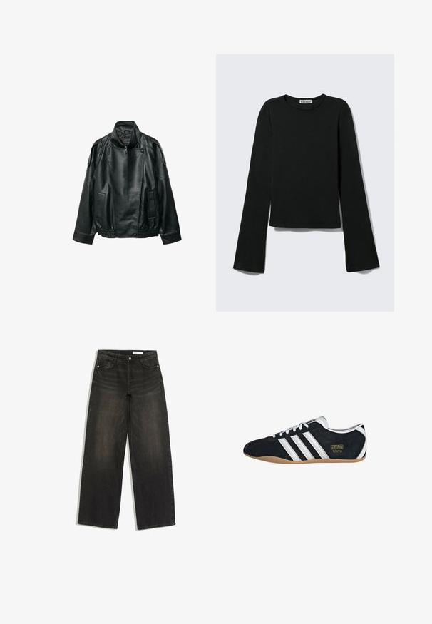 Schwarze Lederjacke mit hohem Kragen, asymmetrischem Frontreißverschluss, gepolsterten Schulterriemen mit Knöpfen, elastischem Taillenbund und Vordertaschen.; Schwarzes Langarmshirt mit Rundhalsausschnitt, figurbetonter Silhouette und leicht ausgestellten Ärmeln, gekennzeichnet mit einem "Weekday" Markenetikett im Nacken.; Schwarze Jeans mit weitem Bein, Vordertaschen, Gürtelschlaufen und Knopfverschluss auf weißem Hintergrund.; Schwarze Wildledersneaker mit drei weißen Streifen, goldenem Logo und brauner Gummisohle. Merkmale ein niedrigprofiliertes Schnürdesign.