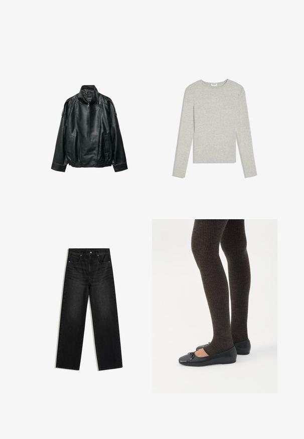 Schwarze Lederjacke mit hohem Kragen, asymmetrischem Frontreißverschluss, gepolsterten Schulterriemen mit Knöpfen, elastischem Taillenbund und Vordertaschen.; Hellgraues Langarmshirt mit Rundhalsausschnitt, schlanker Passform und ohne sichtbare Muster oder Logos, flach auf einem weißen Hintergrund liegend.; Schwarze Jeans mit geradem Bein, Vordertaschen, Gürtelschlaufen und Knopfverschluss, vor weißem Hintergrund gezeigt.; Beine in dunklen, gerippten Leggings kombiniert mit schwarzen Ballerinas mit kleinen Schleifendetails auf weißem Hintergrund.