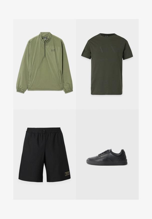 Pullover jakke i militærgrøn, let stof, kvart lynlås, elastiske manchetter, lomme foran. Har EA7-logo i sort på brystet.; Mørkegrøn T-shirt med korte ærmer og rund hals med subtil sort Armani Exchange-logo foran.; Sorte atletikshorts lavet af tekstureret stof, med elastisk linning og snor samt en lille guldfarvet logo på den nederste side.; Sorte lædersneakers med en glat finish, rund tå, struktureret sidelæder og sorte snørebånd. Har en flad gummisål og et minimalistisk design.
