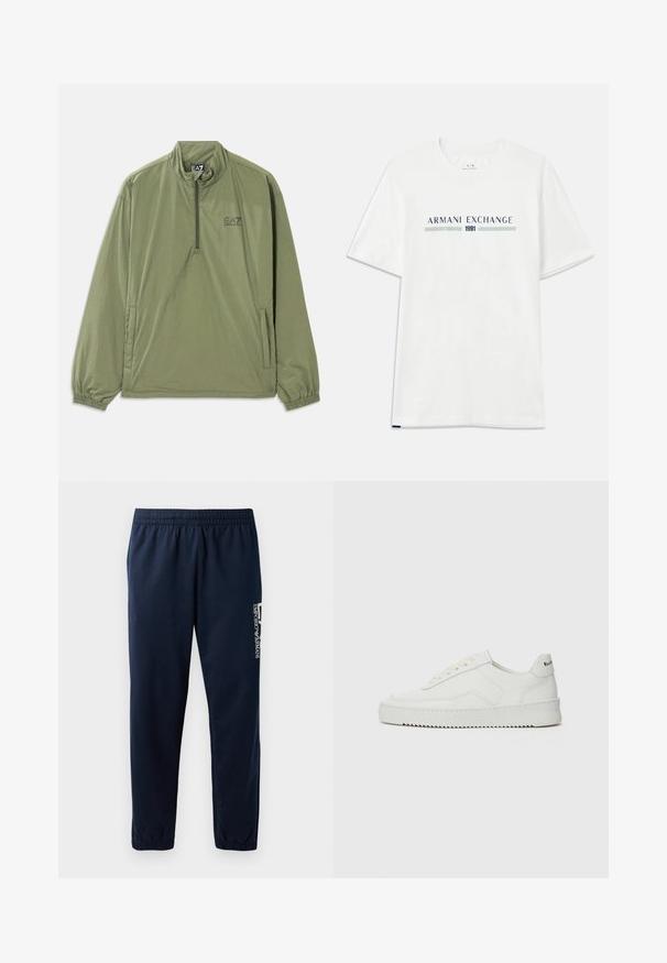 Pulóverová bunda vo vojenskej zelenej farbe, ľahký materiál, štvrtinový zips, elastické manžety, predná kapsa. Obsahuje čierne logo EA7 na hrudi.; Biele bavlnené tričko s krátkym rukávom, zdobené modrým a zeleným logom "ARMANI EXCHANGE" a s nápisom "1991" umiestneným centrálne pod ním.; Námornícky modré tepláky s elastickým pásom, zužujúcimi sa nohavicami a bielym logom na boku. Hladká látka s ľahkou textúrou.; Biele kožené tenisky s hladkým povrchom, okrúly špičkový dizajn, ploché šnúrky a textúrovaná podrážka. Obsahujú jemné logo na päte.