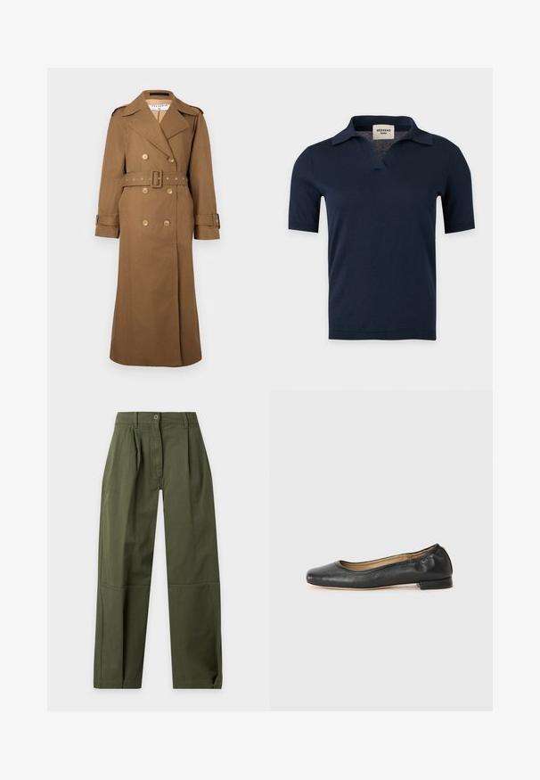 Brauner doppelt geknöpfter Trenchcoat mit breitem Revers, Schulterklappen, Taillengürtel und Manschettenriemen, knielang auf einfarbigem Hintergrund.; Marineblaues Strickshirt mit kurzen Ärmeln, kleinem offenem Kragen und V-Ausschnitt, auf einfarbigem hellgrauem Hintergrund dargestellt.; Olivgrüne, hoch taillierte Hose mit geradem Bein, Gürtelschlaufen, Knopfverschluss, vorderen Falten und Knienaht-Details.; Schwarz Leder Ballerinas mit runder Zehenpartie und minimaler Naht. Niedriger, rechteckiger Absatz und glatte Textur. Dezente Innenfutterdetails.