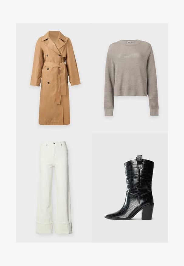 Calvin Klein CLASSIC LONG - Trenchcoat - tigers eye; Lichtgrijze gebreide trui met lange mouwen, een ronde hals en geribbelde manchetten, met een los, opengeweven patroon over het geheel.; Witte jeans met wijde pijpen, hoge taille, knoop- en ritssluiting aan de voorkant, riemlussen, voor- en achterzakken en omgevouwen zomen.; Zwarte westernlaars tot halverwege de kuit met een spitse neus, blokhak en hoogglanzend leer met krokodillenopdruk tegen een witte achtergrond.