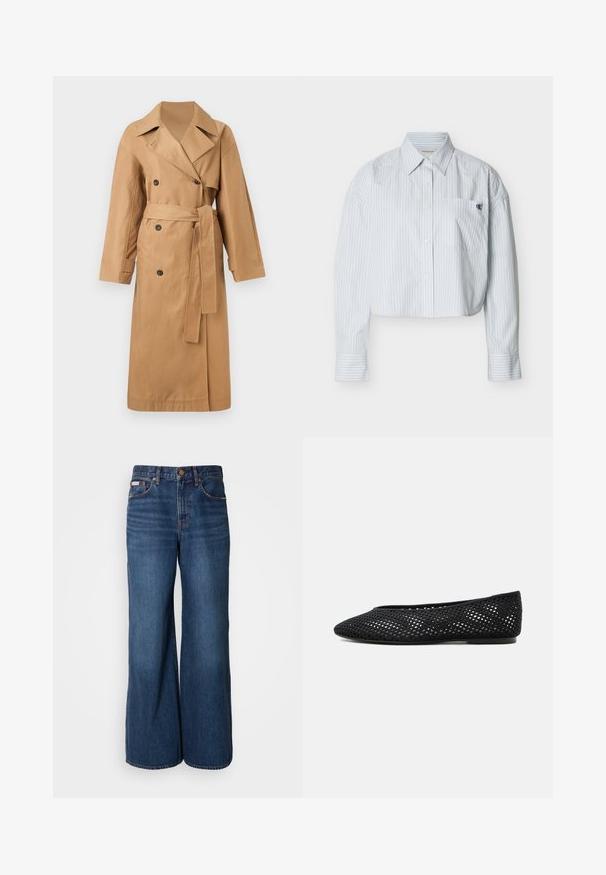 Calvin Klein CLASSIC LONG - Trenchcoat - tigers eye; Korte blouse in lichtblauw met verticale witte strepen, voorzien van een borstzak en een klein logo aan de linkerkant.; Wijdvallende jeans van donkerblauwe denim. Kenmerken zijn een hoge taille, vijf zakken en contrasterende oranje stiksels langs de naden.; Zwarte mesh platte schoen met gesloten neus en lage hak, met een ademend geweven ontwerp en subtiel zijlogo.