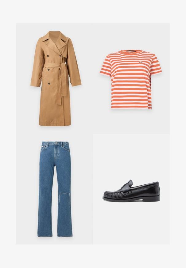 Calvin Klein CLASSIC LONG - Trenchcoat - tigers eye; Kortærmet t-shirt med rund hals i orange og hvide striber. Har et lille logo på brystet. Lavet af letvægts bomuld.; Blå denimjeans med løs pasform, der har rå kanter og en falmet finish. Klassisk design med fem lommer, knaplukning og bæltestropper.; Sorte læderloafers med rundet tå, karakteristisk syning og en dekorativ rem over vampen. Glat finish og lav hæl.