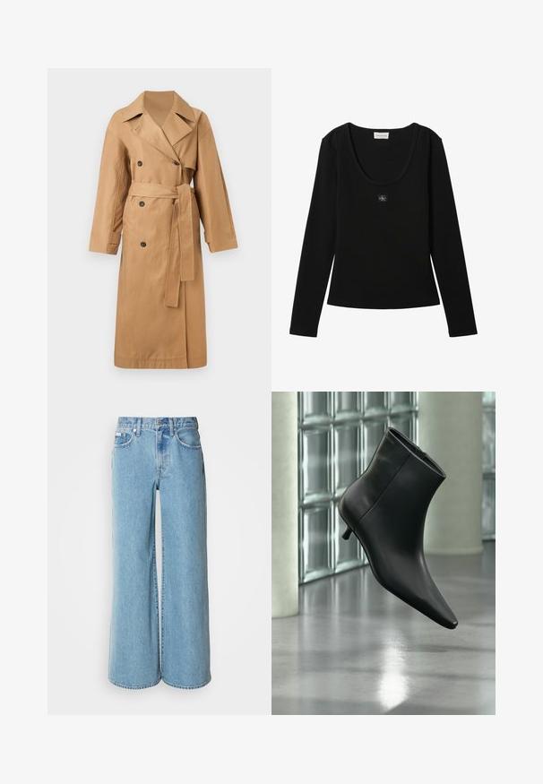 Calvin Klein CLASSIC LONG - Trench - tigers eye; Haut noir à manches longues côtelé avec encolure dégagée et petit patch logo Calvin Klein centré sur la poitrine.; Jean large bleu clair en denim, avec une taille haute, un design à cinq poches et un léger dégradé sur le tissu.; Bottine en cuir noir à bout pointu et petit talon kitten, présentée en angle devant un sol poli et un mur en blocs de verre.