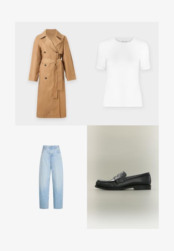 Calvin Klein CLASSIC LONG - Trentšmantel - tigers eye; Valge lühikeste varrukatega ümar kaelusega T-särk, kitsas lõike ja soonilise kangatekstuuriga, esitletud tavalise helehall tausta peal.; Hele sinised kõrge vöökohaga sirge säärega teksad, ees taskud, vööaugud ja nööpidega kinnitamine.; Mustast nahast penny loafer volditud varbaga ja madala virnastatud kandega, vaadatuna külgvaates neutraalsel taustal.