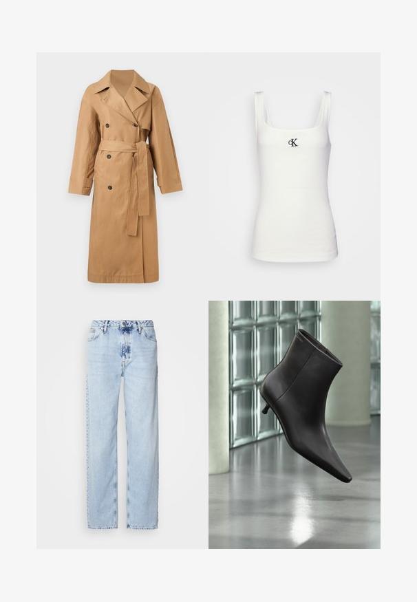 Calvin Klein CLASSIC LONG - Trentšmantel - tigers eye; Valge puuvillane top, millel on ruudukujuline kaelus ja kitsad õlapaelad. Esipaneelil on väike must bordüüritud CK logo.; Heledad sinise värvi laiad teksad, mis on valmistatud denimist, kõrge vöökoht, pleekinud pesu ja peen tie-dye muster ettepoole.; Mustast nahast pahkluu saabas terava varbaotsaga ja väikese kontsaga, esitletud klaasplokkidest seina ja poleeritud põranda taustal.