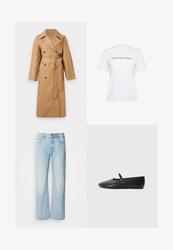 Calvin Klein CLASSIC LONG - Trenchcoat - tigers eye; Weißes Baumwoll-T-Shirt mit Rundhalsausschnitt und kurzen Ärmeln, bedruckt mit dem Schriftzug "Calvin Klein Jeans" in schwarzer Schrift quer über der Brust.; Helle blaue weit geschnittene Jeans aus Denim, mit einem klassischen Fünf-Taschen-Design und einer dezenten, gewaschenen Textur. Die Denim-Nähte sind sichtbar.; Schwarze Leder-Ballettschuhe mit spitzem Schuhzeug, flacher Sohle und einem kleinen Riemen mit silberner Schnalle.