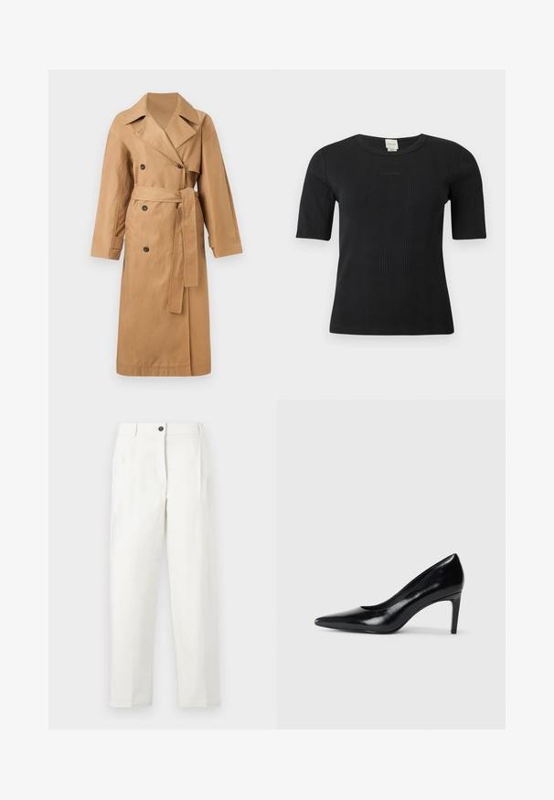 Calvin Klein CLASSIC LONG - Trenssi - tigers eye; Musta ribbineulottu Calvin Kleinin lyhythihainen paita, jossa pyöreä pääntie ja hillitty kirjailtu logo rinnassa yksinkertaisella taustalla.; Valkoiset, korkeavyötäröiset housut, joissa on räätälöity istuvuus, laskokset, eteen kiinnitettävä nappisuljenta ja suorat lahkeet. Valmistettu sileästä kankaasta.; Mustat nahkakengät korkealla korolla, terävä kärki, sileä pinta ja kapeneva korko. Minimalistinen muotoilu, ei ylimääräisiä koristeita.