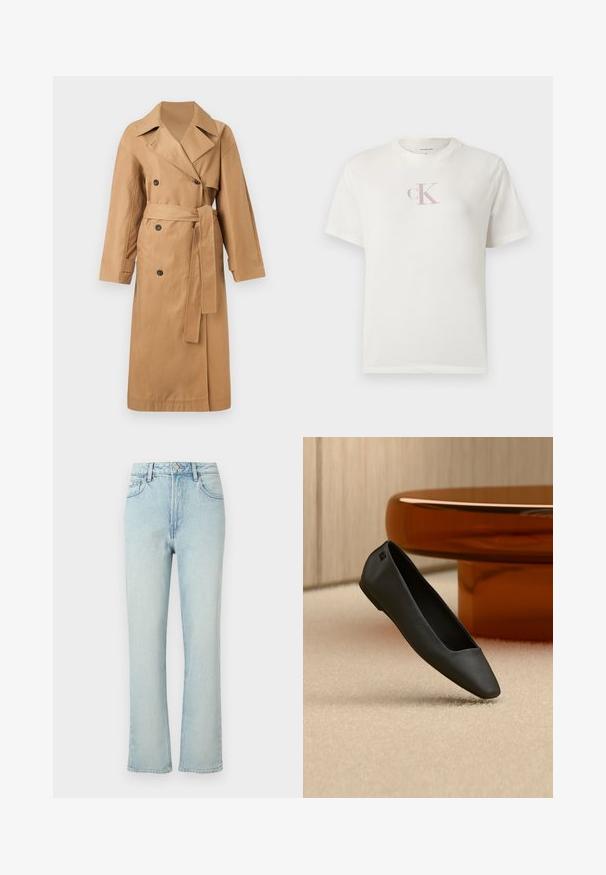 Calvin Klein CLASSIC LONG - Trenchcoat - tigers eye; Korte mouw wit katoenen T-shirt met een klein lichtroze "CK" logo op de borst en een klassieke ronde halslijn. Zachte textuur.; Lichtblauwe jeans met hoge taille en rechte pijpen, met voorste knoop, riemlussen en klassiek ontwerp met vijf zakken tegen een effen achtergrond.; Zwarte platte schoen met puntige neus, rustend op een beige tapijt naast een ronde amberkleurige tafel in een minimalistische kamer.