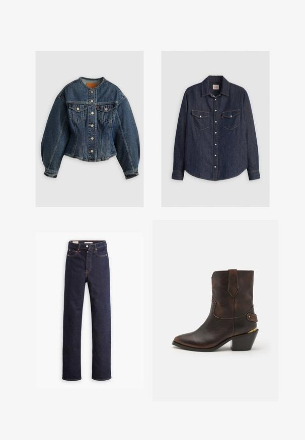 Levi's® SCULPTED TRUCKER - Džinsa auduma jaka - wonderlust no tack; Tumši zila džinsu krekls ar garām piedurknēm, pogājamais priekšpusē, divas krūšu kabatas ar atloks un kontrastējošām dzeltenām diega šuvēm.; Tumši zilie taisni džinsi ar piecām kabatām un redzamu oranžu šuvumu uz baltas fona.; Brūnas ādas kovboju zābaki ar norādītu purngalu un sakrauto papēdi. Ar dekoratīvu dimanta rakstu un siksnu ar aparatūras akcentu.