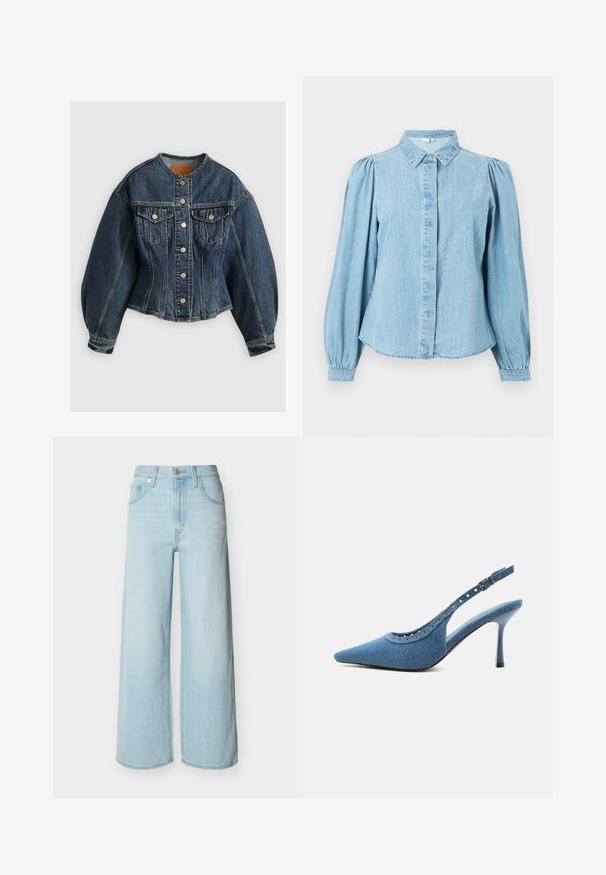 Levi's® SCULPTED TRUCKER - Džinsa auduma jaka - wonderlust no tack; Gaiši zila džinsa krekls ar smailu apkakli, pogām priekšpusē un garām pūstām piedurknēm. Gluda tekstūra ar noapaļotu apakšmalu.; Gaiši zili plataji džinsa bikses ar priekšējo pogu un rāvējslēdzēja aizdari, jostas cilpām un klasisku piecu kabatu dizainu.; Zilas džinsa augstpapēžu sieviešu apavs ar smailu purngalu, sudurināms siksniņš un sudzītas sudzītas siksniņas siksniņas.