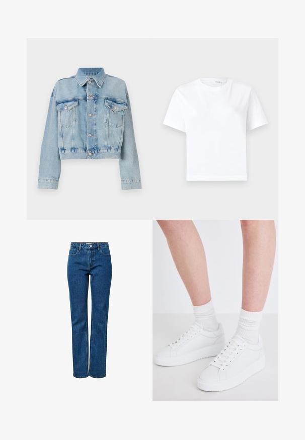 Lichtblauwe denimjas met een cropped ontwerp, voorzien van twee borstzakken, een kraag en zilverkleurige knopen. Zachte textuur en casual stijl.; Effen witte katoenen T-shirt met korte mouwen, ronde hals en rechte zoom, getoond op een witte achtergrond.; Blauwe jeans met rechte pijpen, vijf zakken, een knoop- en ritssluiting en riemlussen. De jeans staan rechtop op een effen witte achtergrond.; Copenhagen Studios CPH72 - Sneakers laag - white