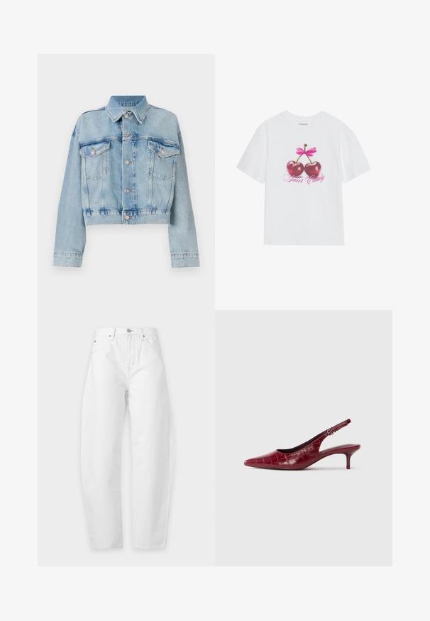 Hellblaue Jeansjacke mit verkürztem Design, ausgestattet mit zwei Brusttaschen, einem Kragen und Silberknöpfen. Glatte Textur und lässiger Stil.; Weißes Baumwoll-T-Shirt mit einem grafischen Design von zwei glänzenden roten Kirschen mit einer rosa Schleife darüber und dem Text "Sweet Candy" in Rosa.; Gap Tall CROP BARREL - Jeans Relaxed Fit - fresh white; Burgunderfarbene Leder-Slingback-Pumpe mit Krokodilleder-Textur, spitzem Zehenbereich, verstellbarem Riemen mit Schnalle und niedrigem Kitten-Absatz auf einem weißen Hintergrund.