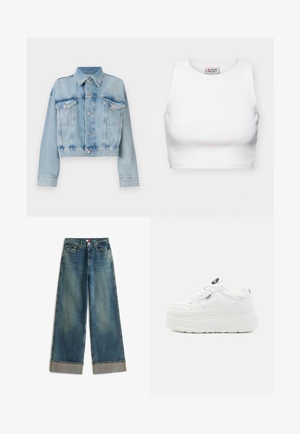 Hellblaue Jeansjacke mit verkürztem Design, ausgestattet mit zwei Brusttaschen, einem Kragen und Silberknöpfen. Glatte Textur und lässiger Stil.; Weißes, kurzes Tanktop aus Rippenstoff. Hat einen runden Ausschnitt und weite Armausschnitte. Innen sichtbar mit „Denim Project“-Markierung.; Weit geschnittene Jeans aus Denim in mittlerem Blau, mit hohem Bund, silbernen Beschlägen und umgeschlagenen Säumen mit kontrastierendem Innenstoff.; Weiße Plattform-Sneaker mit einer glatten synthetischen Oberfläche, rundem Zehenbereich, gepolstertem Kragen und strukturiertem Profil. Mit einem kontrastierenden Logo-Tag.