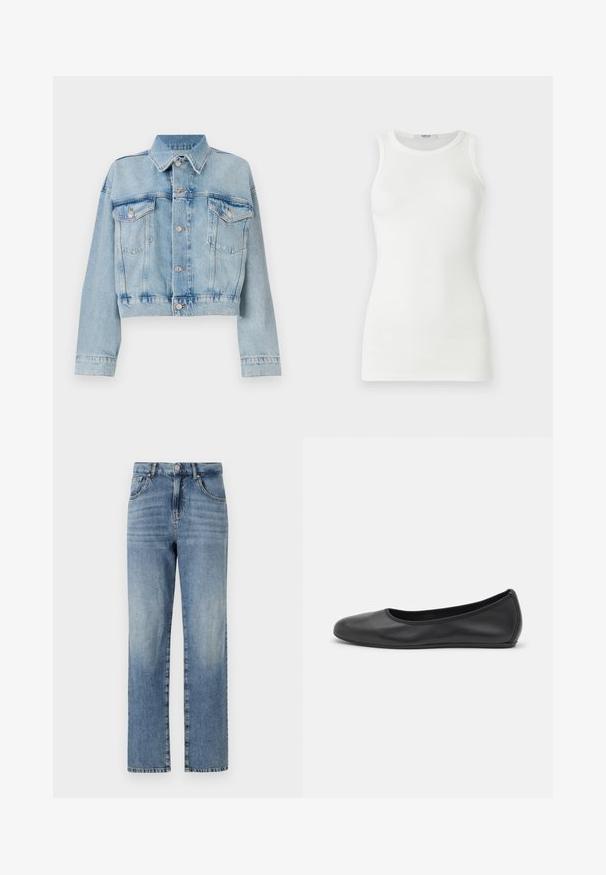 Hellblaue Jeansjacke mit verkürztem Design, ausgestattet mit zwei Brusttaschen, einem Kragen und Silberknöpfen. Glatte Textur und lässiger Stil.; Weißes ärmelloses, geripptes Tanktop mit rundem Ausschnitt, figurbetonter Passform und Markenetikett innen am Kragen.; Hellblaue Jeans aus Denim mit geradem Bein, fünf Taschen, Knopf- und Reißverschluss und minimaler Ausbleichung des Stoffes.; Schwarze Leder-Ballettschuhe mit abgerundeter Spitze, glatter Textur, minimalen Nähdetails und einem flexiblen Sohlen-Design.