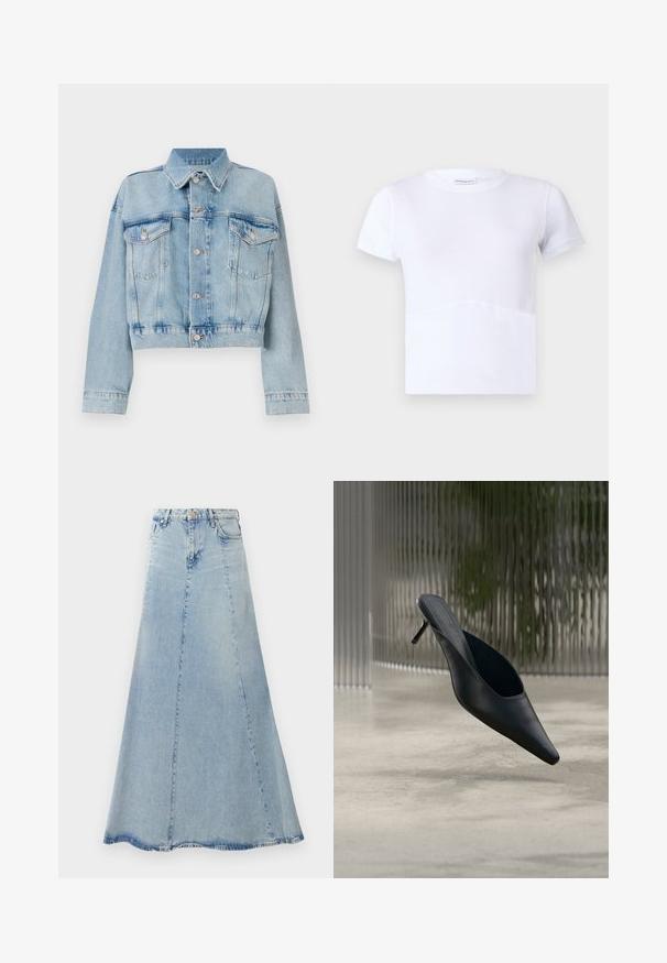 Chaqueta de denim azul claro con un diseño corto, que presenta dos bolsillos en el pecho, un cuello y botones en tono plateado. Textura suave y estilo casual.; Camiseta blanca de manga corta en algodón, con escote redondo, textura suave y un sutil detalle de costura curva en la parte delantera.; Falda de mezclilla azul claro con forma acampanada en A, que cuenta con un cierre frontal de botones, pasadores para cinturón y detalles de costura visibles.; Zapato mule negro de punta fina con tacón alto y delgado flotando sobre un suelo de hormigón liso, con un fondo desenfocado de rayas verticales.