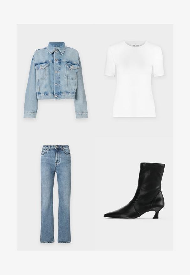 Hellblaue Jeansjacke mit verkürztem Design, ausgestattet mit zwei Brusttaschen, einem Kragen und Silberknöpfen. Glatte Textur und lässiger Stil.; Weißes T-Shirt mit kurzen Ärmeln und Rundhalsausschnitt, schlanker Passform und gerippter Stoffstruktur, dargestellt vor einem schlichten hellgrauen Hintergrund.; Hellblaue Jeans mit hoher Taille, ausgestellten Beinen, dezenten Verfärbungen und genähten Details. Klassisches Design mit vorderen Taschen und Knopfverschluss.; Schwarzer Leder-Stiefel bis zur Mitte der Wade mit spitzer Schuhspitze und niedrigem Kittenabsatz, seitlich auf hellem einfarbigem Hintergrund gezeigt.
