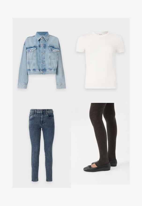 Lichtblauwe denimjas met een cropped ontwerp, voorzien van twee borstzakken, een kraag en zilverkleurige knopen. Zachte textuur en casual stijl.; Korte mouwen witte t-shirt van zacht katoen, met een ronde hals en een rechte pasvorm. Geen patronen of versieringen aanwezig.; Skinny jeans in donkerblauwe denim met subtiele vervaging. Heeft een middelhoge taille, vijf zakken en contrasterende stiksels langs de naden.; Benen met donkere geribbelde leggings gecombineerd met zwarte ballerina's met kleine strikdetails op een witte achtergrond.