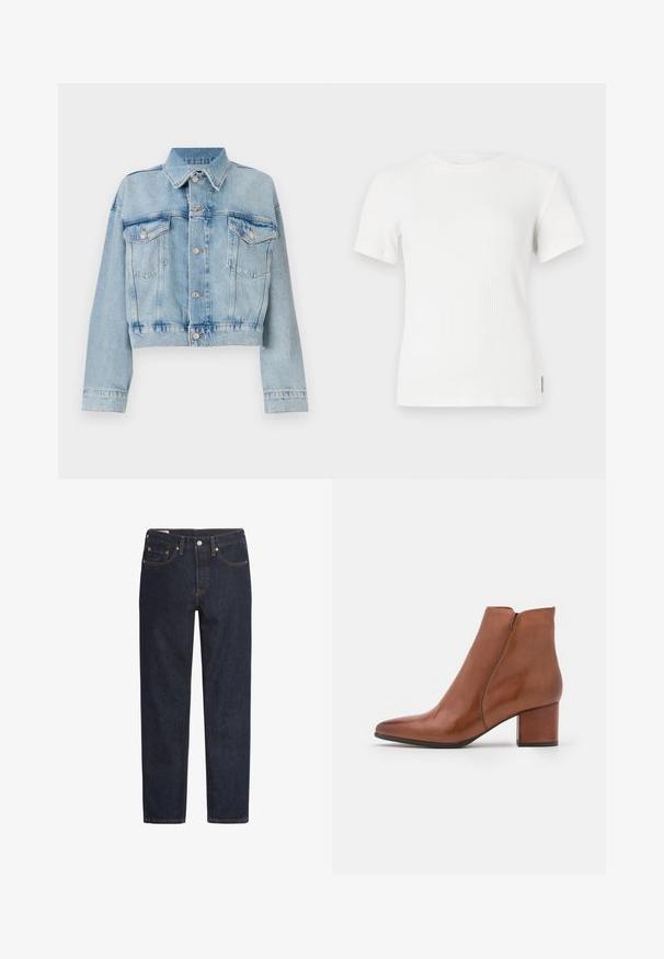 Chaqueta de denim azul claro con un diseño corto, que presenta dos bolsillos en el pecho, un cuello y botones en tono plateado. Textura suave y estilo casual.; Camiseta blanca de manga corta con cuello redondo. Textura suave, diseño ajustado y detalles de costura mínimos.; Jeans de mezclilla azul oscuro con corte recto, diseño de cinco bolsillos, remaches de cobre y detalle de costura naranja a lo largo de las costuras.; Botín de piel marrón hasta el tobillo con puntera puntiaguda, tacón medio y un mínimo detalle de costuras. Textura suave con un acabado pulido.