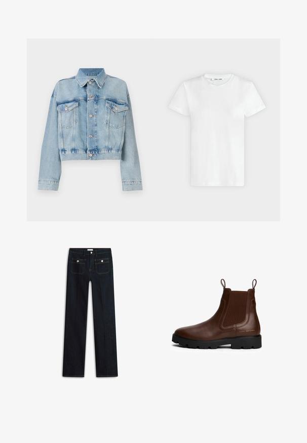 Lys blå denimjakke med et cropped design, der har to brystlommer, en krave og sølvfarvede knapper. Glat tekstur og afslappet stil.; En simpel hvid T-shirt med korte ærmer og rund hals lagt fladt på en lys grå baggrund, hvor forsiden med label inde i halsen vises.; Mørkeblå denimjeans med lige ben, der har to forlommer og synlige syningsdetaljer. Ingen synlige slidmærker.; Brune læder Chelsea støvle med elastiske sidepaneler, trækflapper, sort gummisål og guld logo detaljer på siden. Glat tekstur.