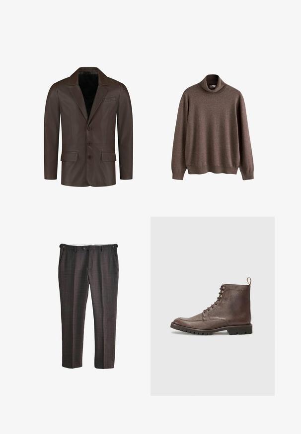Blazer de cuero marrón con cuello con muescas, dos bolsillos frontales, cuatro botones y una textura lisa y suave.; Suéter marrón de cuello alto hecho de tela suave. Presenta mangas largas y un ajuste relajado, con detalles de cuello y dobladillo acanalados.; Pantalones formales gris oscuro con un sutil patrón de ventana, botón frontal y bolsillos laterales, mostrados extendidos sobre un fondo blanco.; Hackett London SLOANE APRON - Botines con cordones - dark mocca brown