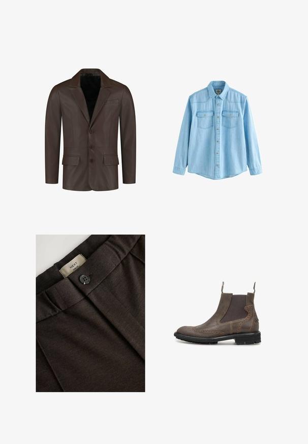 Blazer de cuero marrón con cuello con muescas, dos bolsillos frontales, cuatro botones y una textura lisa y suave.; Camisa de mezclilla azul claro de manga larga con botones en la parte frontal y dos bolsillos en el pecho con solapas abotonadas.; Pantalones ajustados marrón oscuro con un cierre de botón único, frente plisado y etiqueta que dice "NEXT Slim Fit". La tela tiene una textura suave.; Bota Chelsea de cuero marrón con detalles brogue, paneles laterales elásticos negros, tiradores y una suela negra resistente.