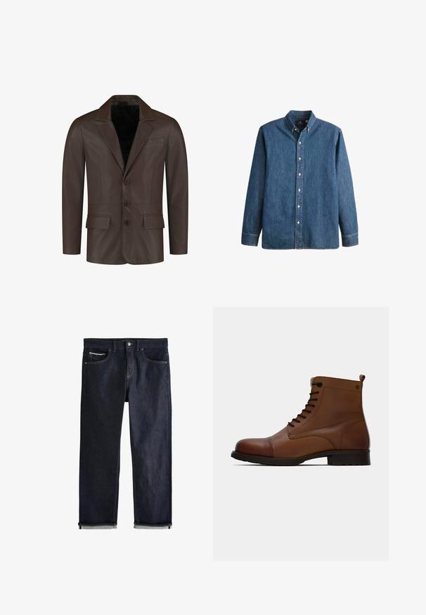 Blazer de cuero marrón con cuello con muescas, dos bolsillos frontales, cuatro botones y una textura lisa y suave.; Camisa de mezclilla de botón en azul medio, con mangas largas, collar puntiagudo, botones blancos y un corte ajustado con un sutil bordado de logo.; Vaqueros de mezclilla azul oscuro con un ajuste recto clásico, que cuentan con cinco bolsillos, cierre de botones y puños doblados que muestran un forro azul claro.; Jack & Jones JFWSHAUN BOOT - Botines con cordones - cognac