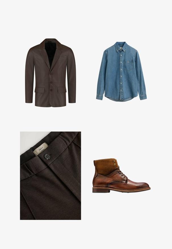 Blazer de cuero marrón con cuello con muescas, dos bolsillos frontales, cuatro botones y una textura lisa y suave.; Camisa de mezclilla de manga larga en azul claro. Presenta un collar con botones, un bolsillo en el pecho y un dobladillo curvado. Textura suave con costuras visibles.; Pantalones ajustados marrón oscuro con un cierre de botón único, frente plisado y etiqueta que dice "NEXT Slim Fit". La tela tiene una textura suave.; Kazar ALID - Botines con cordones - brown