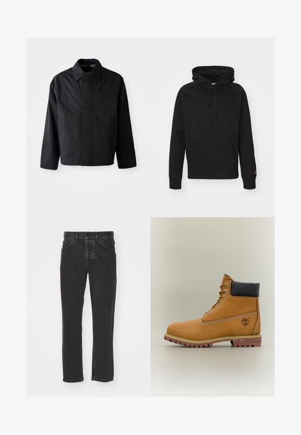Schwarze, kurze Jacke mit umgeschlagenem Kragen, zwei Fronttaschen und langen Ärmeln. Hergestellt aus glattem, leichtem Material mit dezentem Branding.; Schwarzer Hoodie aus weichem Stoff, mit einer Kängurutasche vorne, verstellbarem Kordelzug und gerippten Bündchen. Glatte Textur mit minimaler Gestaltung.; Schwarze Jeans aus Denim mit geradem Bein, klassischem Fünf-Taschen-Design, Knopfverschluss und verblasster Optik. Angenehme Textur, keine sichtbaren Muster.; Brauner Leder-Stiefelette mit schwarzem Kragen, gelben Schnürsenkeln und hellbrauner Sohle. Verfügt über ein Logo und weiße Ziernähe. Robuste Profilsohle.