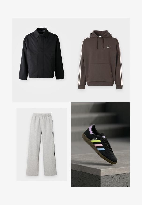 Chaqueta corta negra con cuello amplio, dos bolsillos frontales y mangas largas. Fabricada con un material suave y ligero con una marca sutil.; Sudadera con capucha marrón con el logo blanco de Adidas en el pecho, tres rayas blancas a lo largo de las mangas, bolsillo frontal tipo canguro y capucha con cordón ajustable.; Pantalones deportivos anchos de color gris claro con cintura elástica y logo negro de Adidas trefoil en el muslo derecho.; Zapatilla Adidas Spezial negra con rayas en amarillo pastel, rosa y azul, lengüeta trasera lavanda y suela marrón, flotando sobre un bordillo de cemento.