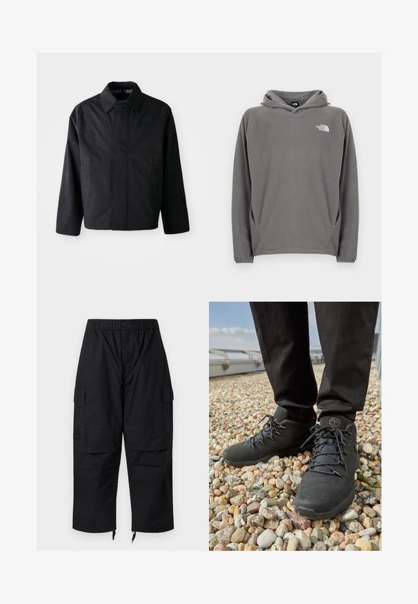 Sort, kort jakke med spredt krave, to forreste lommer og lange ærmer. Lavet af glat, let materiale med diskret branding.; Grå fleece-hættetrøje med frontlomme, justerbar snøre i hætten og et lille hvidt logo på venstre bryst.; Sorte cargobukser med elastisk talje, flere lommer og lynlåse ved anklerne, med et afslappet, løstsiddende design.; Sorte vandresko med struktureret læder, robuste snørebånd og en polstret ankelkrave, båret med mørke bukser på en grusoverflade.