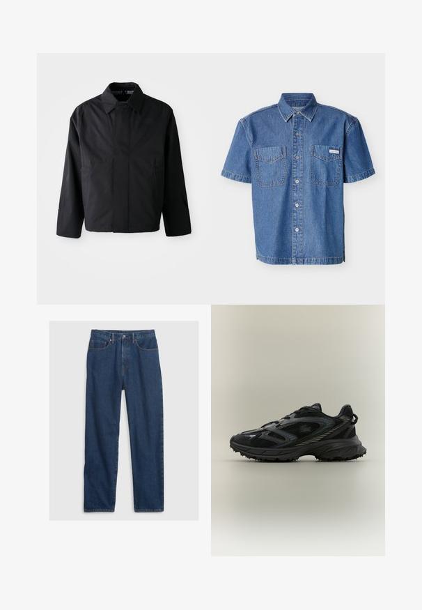 Chaqueta corta negra con cuello amplio, dos bolsillos frontales y mangas largas. Fabricada con un material suave y ligero con una marca sutil.; Camisa de mezclilla de manga corta con cierre de botones al frente, dos bolsillos en el pecho y una pequeña etiqueta de Calvin Klein en el bolsillo derecho.; Jeans de mezclilla en azul oscuro con corte recto, presentan un diseño de cinco bolsillos, botón superior y acentos de remaches de cobre.; Zapatilla deportiva negra con paneles de malla, suela texturizada, cordones y una silueta curvada con acentos plateados en los laterales.