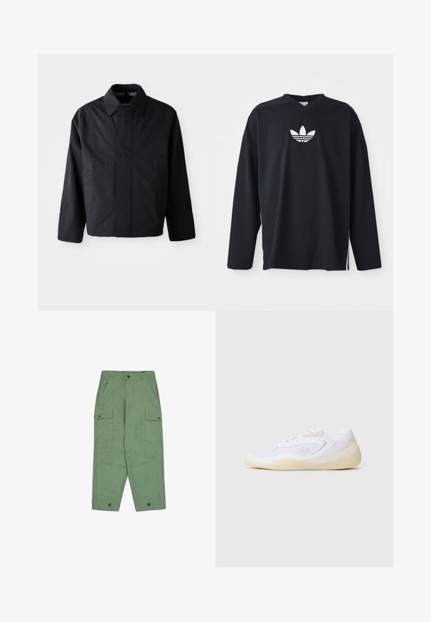 Schwarze, kurze Jacke mit umgeschlagenem Kragen, zwei Fronttaschen und langen Ärmeln. Hergestellt aus glattem, leichtem Material mit dezentem Branding.; Schwarzes Langarmtrikot aus Mesh-Material, mit V-Ausschnitt und weißem Adidas-Trefoil-Logo auf der Brust. Seitliche Schlitze am Saum.; Grüne Cargo-Hosen mit lockerer Passform, zwei großen Seitentaschen und verstellbaren Knöchellängen. Hergestellt aus strukturiertem Baumwollstoff.; Weiße Sportsneaker mit einem schlanken Design, Materialien aus Mesh und Wildleder, geschwungener Form und einer Gummisohle mit minimalen Akzenten.