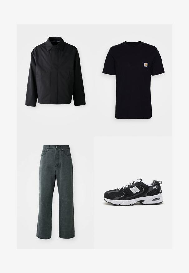 Zwarte, korte jas met een verspreide kraag, twee voorke pockets en lange mouwen. Gemaakt van soepel, lichtgewicht materiaal met subtiele branding.; Zwarte katoenen t-shirt met korte mouwen, ronde hals en een borstzak met een klein, vierkant logo patch. Eenvoudig, stevig ontwerp.; Wijdvallende donkergrijze spijkerbroek van denim, met een hoge taille, vijf-pocket ontwerp en een subtiele versleten textuur.; Zwarte en grijze sport schoenen met een bovenwerk van mesh en suede, voorzien van een witte tussenzool, veters en een gedurfde "N"-logo aan de zijkant.